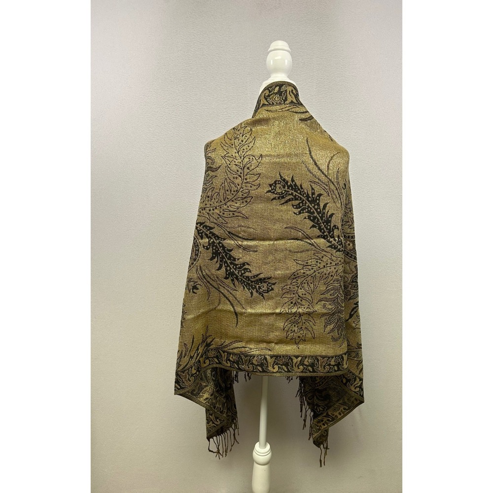 Boho Regal Unbranded Womens OS Black Gold Metallic Paisley Fringe Pashmina Shawl